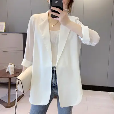 Women's Chiffon Small Suit Spring Summer White Top Draped Elegant Niche Jacket