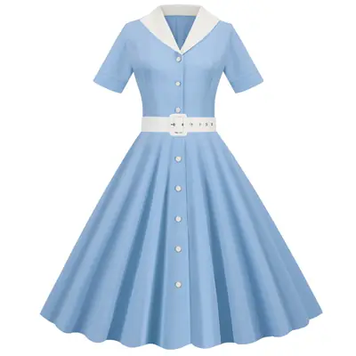 Light Blue 50s V-Neck Casual Dress Large
