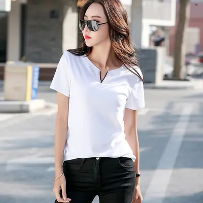 Women Pink V Neck Slim T-Shirt 2024 Summer