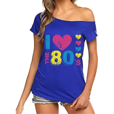 I Love The 80's Oblique Collar T-Shirt Women Purple