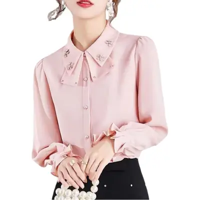 Pink Chiffon Bow Shirt for Women Long Sleeve Slim Fit