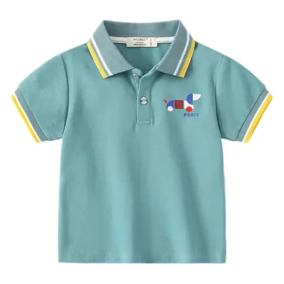 Boys Short Sleeve Polo Shirt Teal Yellow Cartoon Print 2023