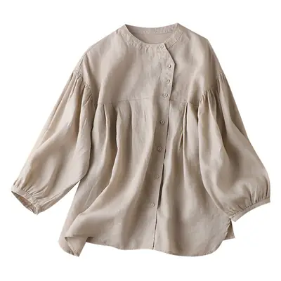 Women Linen Lantern Sleeve Shirt Beige Loose Fit
