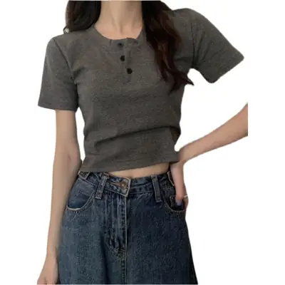 Women Button Short Sleeve Cotton T-Shirt Grey