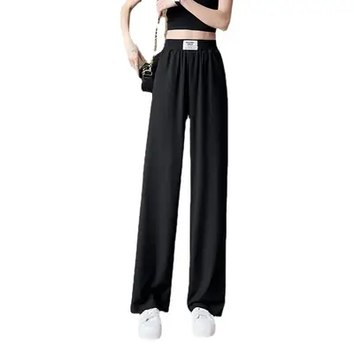 Women Wide Leg Pink Silk Pants High Waist Casual