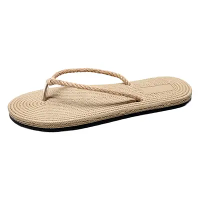 Summer new women's flip flops imitation straw flat outer wear beach flip-flops flat flat heel linen bottom