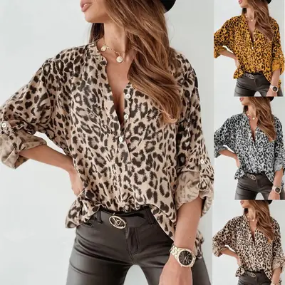 European Leopard Print Long Sleeve Women's Shirt