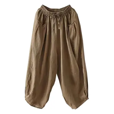 Vintage Linen Radish Pants Women Loose Fit Elastic Waist