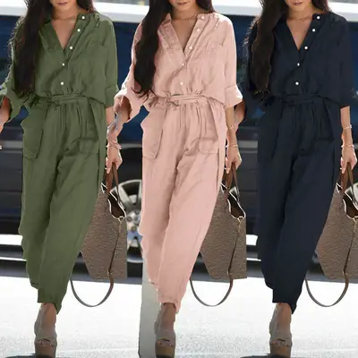 Women's Printed Lapel Belt Workwear Jumpsuit Set