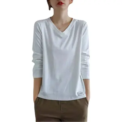 2022 V Neck Long Sleeve Shirt Women Loose Fit
