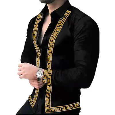 Men's Blue Printed Long Sleeve Shirt with Greek Key Trim