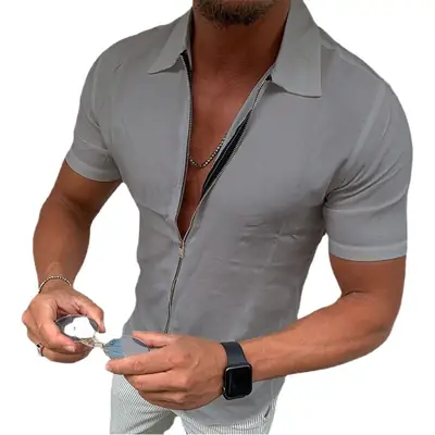 Men's Zipper Polo Shirt Cream Slim Fit Casual Wear