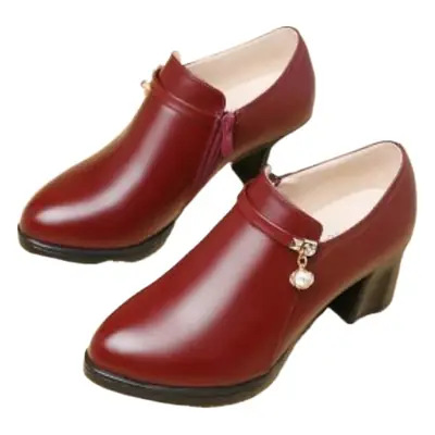 Women's Red Leather Mid-heel Slip-on Shoes with Pearl Decor