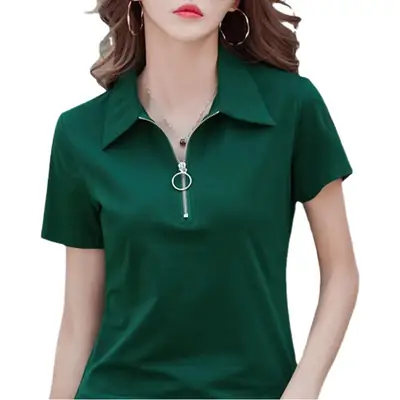 Women Pink Short Sleeve Polo T-Shirt with Zipper Lapel