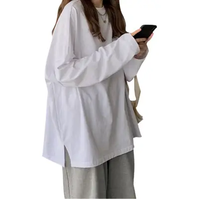 Women's White Long Sleeve Split T-Shirt 2021 Spring
