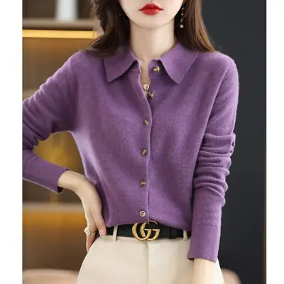 Women Green Knit Polo Collar Shirt Long Sleeve Winter