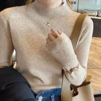 Women Knitted Half Turtleneck Sweater Top Brown