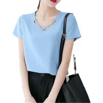 Women V Neck Short Sleeve T-Shirt Light Blue 2024