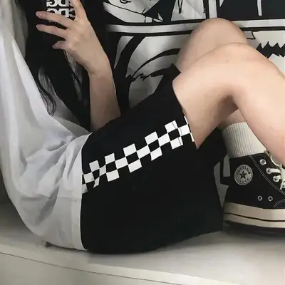Women's Black Checkered Shorts High Waist Sports Casual Pants