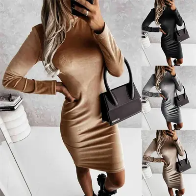 2024 Women's Black Slim Fit Long Sleeve Dress with Handbag