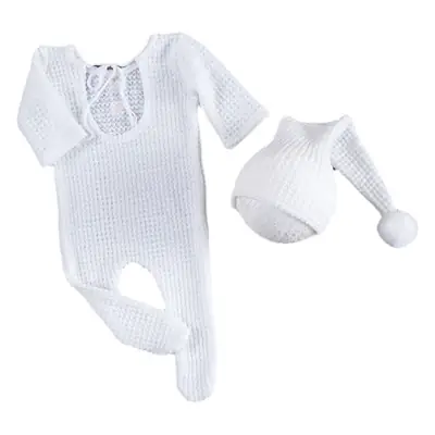 White Knitted Newborn Hat and Jumpsuit Set