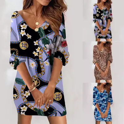 2022 Blue Camo Printed V-Neck Dress for Women