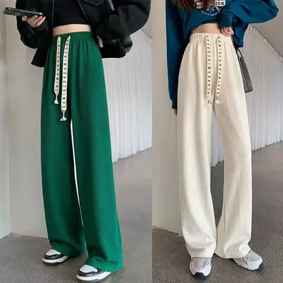 Women Green Drawstring Puff Pants Wide Leg Casual