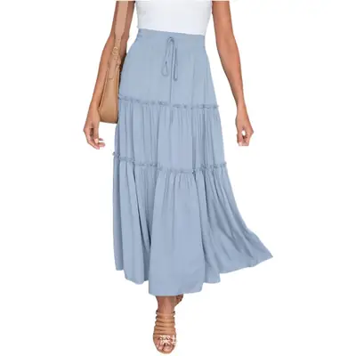 2025 High-Waisted Pleated Skirt Blue A-Shaped