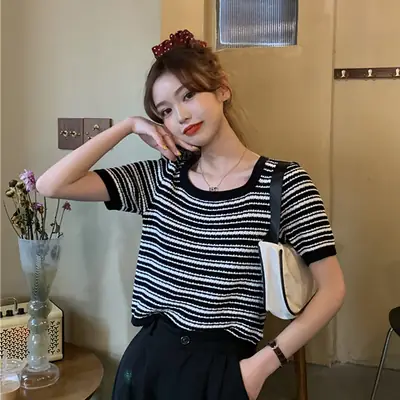 Women Black White Striped Knit T-Shirt Short Sleeve Summer 2025