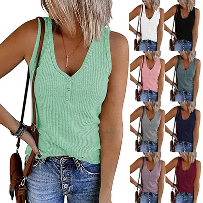 2022 Women's Breasted Knitted V-Neck Vest Solid Color
