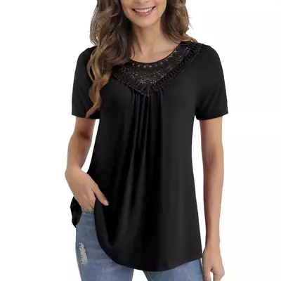 Black Lace Pleated Women's Top M-4XL
