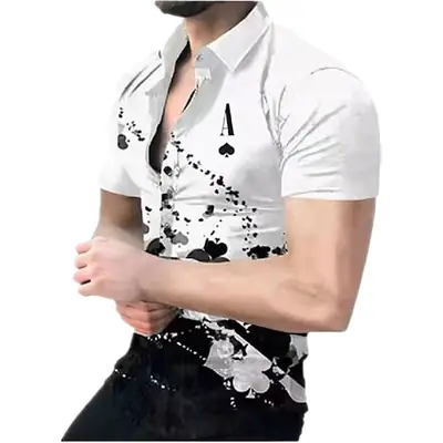 2025 Men's Printed Short Sleeve Shirt Black White Geometric Large