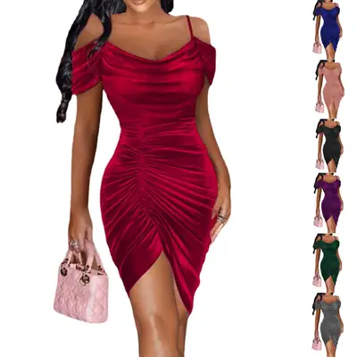 Women Sexy Pink Slim Pleated Off-Shoulder Dress