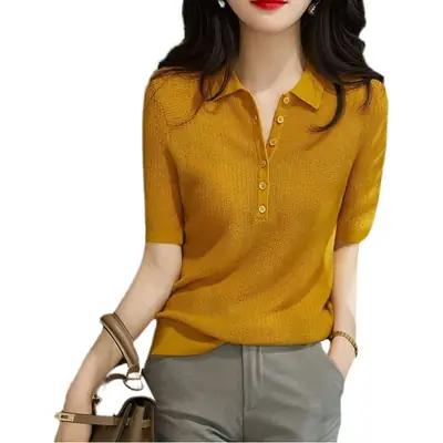Women Ice Silk Polo T-Shirt Purple Slim Fit 2025