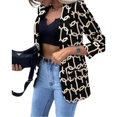 Printed Long Sleeve Suit Jacket for Women Black Beige
