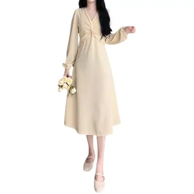 Korean Style Waist Slim Dress Long Sleeve V-Neck