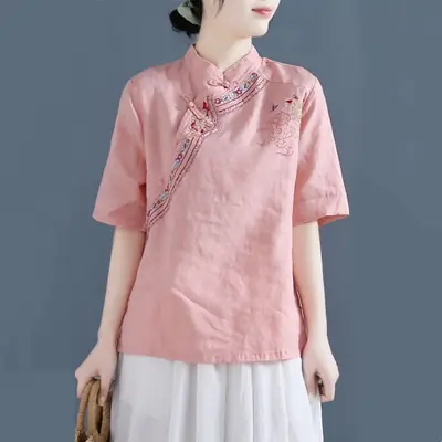 Women Embroidered Cotton Linen Short Sleeve Shirt 2025