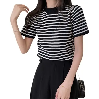Women Striped Knitted Shirt Short Sleeve Crewneck Black White