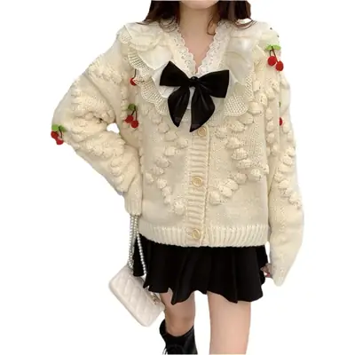 Women's Knitted Cardigan Sweater Top with Red Cherry Embellishments