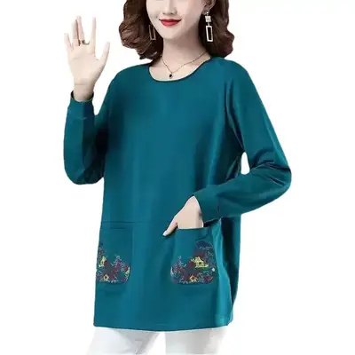Women Cotton Long Sleeve T-Shirt Teal Embroidered 2022