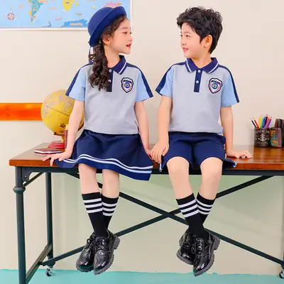 Children's School Uniform Blue Gray Polo Shorts Set