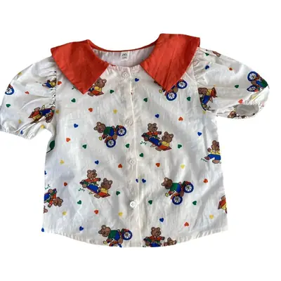 Girls Cartoon Bear Shirt Light Blue Short Sleeve