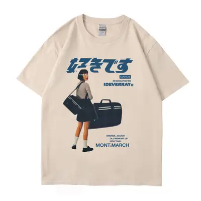 Cross-Border Girl Print T-Shirt Light Beige