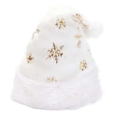 White Plush Christmas Hat with Gold Silver Beads and Snowflake Embroidery