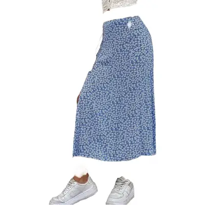 Women's Blue Printed Slit A-Line Hip Skirt High Waist
