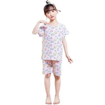 Girls Cotton Pajamas Two Piece Set Cartoon Pink