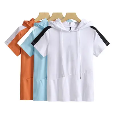 Women Hooded T-Shirt Light Blue Cotton Sports Pocket