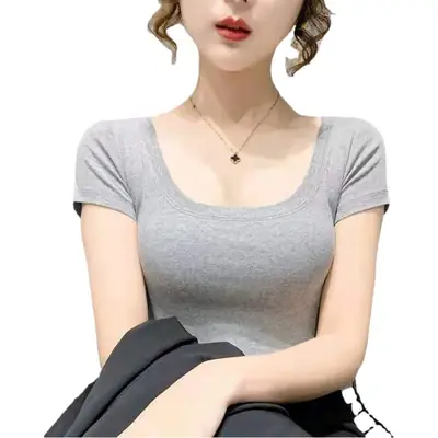 Women Purple Low Neck Slim T-Shirt Short Sleeve