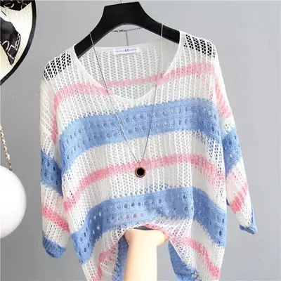 Women's Knitted Sun Protection Blouse Pullover Multicolor