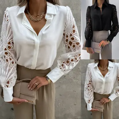 Women White Lace Collar Shirt with Long Sleeves
